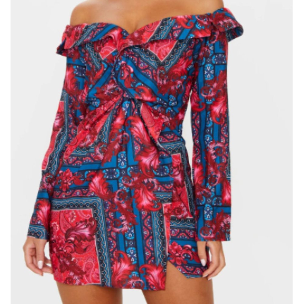 MULTICOLOR BARDOT KNOT DETAIL BLAZER DRESS